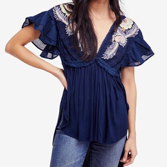 New $128 Free People Blue Fiesta Nueva Embroidered Open-Back Top Small - Picture 1 of 8